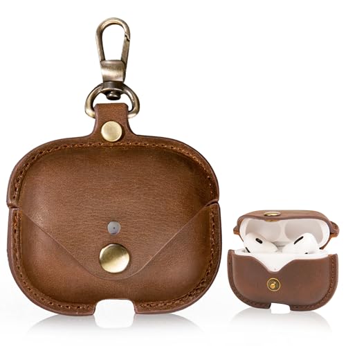 CHULEAG Funda de carga para Apple Airpods Pro. Hecho a mano, cuero de vaca Crazy Horse Vintage Case. Funda protectora portátil a prueba de golpes con llavero