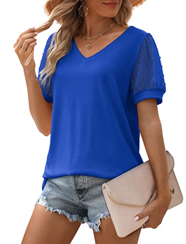 Image of Aokosor Womens Summer Tops V Neck T Shirts Swiss Dot Puff Sleeve Tops Loose Casual Tshirts