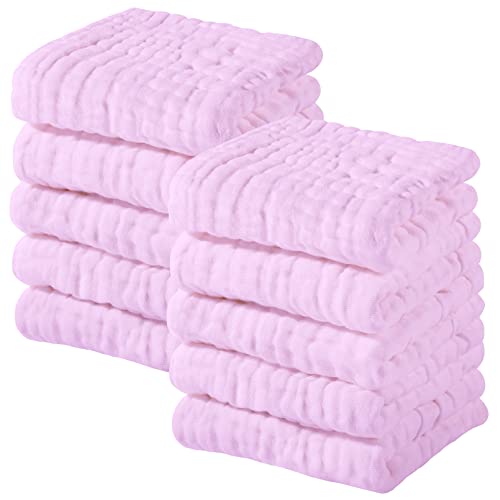 Image of Yoofoss Muslin Baby Washcloths 100% Cotton Face Towels 10 Pack Wash Cloths for Baby 12x12in Soft and Absorbent Baby Wipes (Pink)