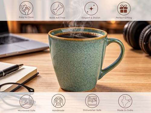 Image of Bodhi House Handcrafted Ceramic Coffee Mug Set of 1 Pieces (350 Ml), Stoneware Tea Cup, Microwave Safe Large Milk Mug, Glossy Finish, Ideal for Daily use, Casual Gatherings and Gifting, Ocean Green