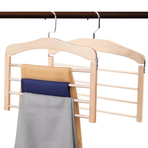 GmeDhc 2 Perchas para Pantalones de Madera, Ahorra Espacio con Barras Antideslizantes, para Faldas, Pañuelos, Toallas, Ropa...