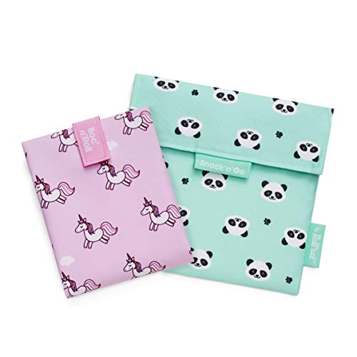 Roll'eat - 2er Pack: Boc'n'Roll Tiere Einhorn + Snack'n'Go Tiere Panda | Ökologische und Wiederverwendbare Sandwich-Beutel ohne BPA | Leicht verschliessbare Snackbags | 2 Einheiten