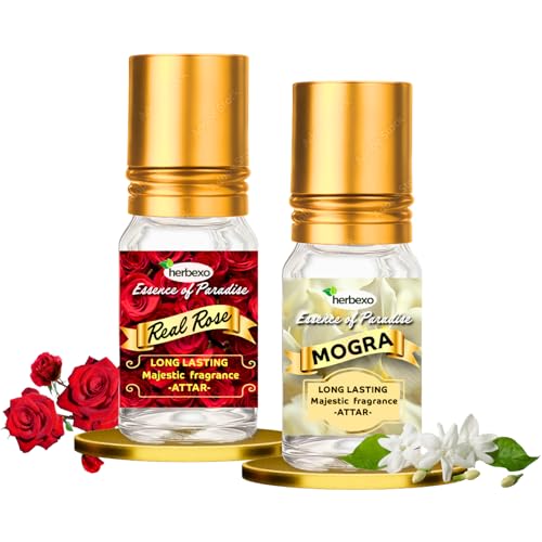 Image of Rose & Mogra Attar Combo | Long-Lasting Alcohol-Free Itra Perfume Oil | Pure Organic Natural Ittar for Men & Women | Floral Fragrance Gift Set