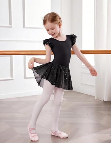 Image of Arshiner Girls Shiny Ruffle Sleeve Ballet Leotard with Skirt Criss-Cross Back Dance Dresses
