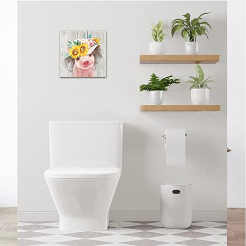 Funny Pig Canvas Wall Art Print, Funny Pig Painting Poster, Funny Farm Animal Mural For Bedroom Bathroom And Kitchen Framed (12"X12") #TOP4