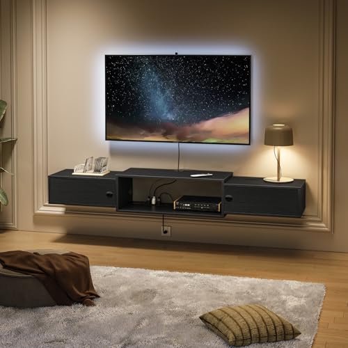 HOOBRO 55' Floating TV Stand with Power Outlets, Modern Wall Mounted Media Console Shelf with Doors, Entertainment Center for Under TV Storage, for Living Room, Bedroom, Black BK11UDS01