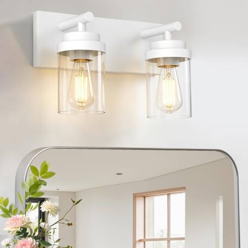 Image of IZORRO Bathroom Light Fixture White, Clear Glass Shade 15-Inch 2-Light
