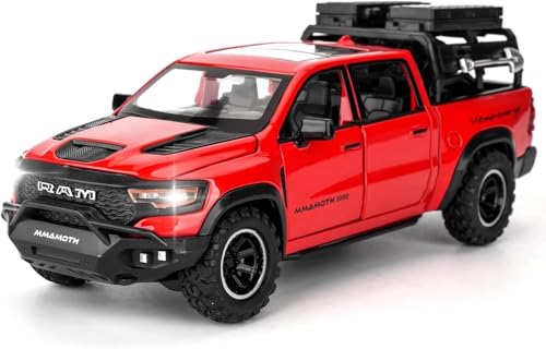 Image of 1 /32 Ram Pickup Truck Diecast Model Toy Car Metal Truck with Sound & Light Pull Back Friction Powered Toy Vehicle Openable Doors Collectible Gift for Kids & Boys (Red)