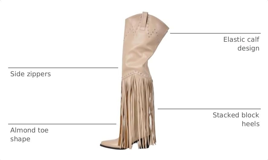 Image of richealnini Western Thigh High Cowboy Boots with Fringe Over Knee Wide Calf Cowgirl Boots