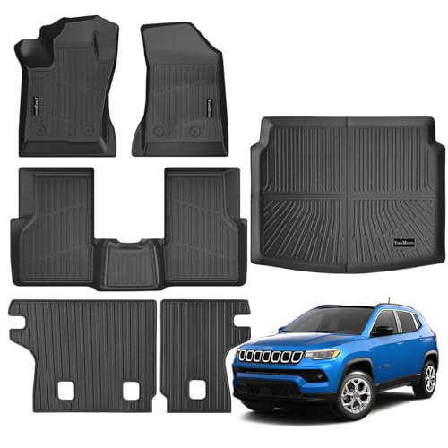 Floor Mats Custom Fit for Jeep Compass 2017-2024 2025 Trunk Mat with Backrest Mat All Weather TPE Rubber Cargo Liner Anti-Slip Full Set for Compass Accessories (Trunk Mat+Backrest Mats+Floor Mats)