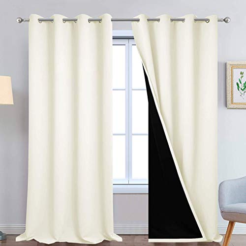 Image of Yakamok 100% Blackout Window Curtain Panels, Heat and Full Light Blocking Drapes with Black Liner for Nursery, 108 inches Drop Thermal Insulated Draperies (Cream, 2 Pieces, 52 Inch Width)