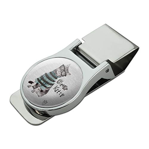 Clever Smart Kitty Cat Kitten Glasses Sweater Satin Chrome Plated Metal Money Clip