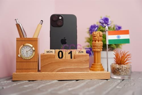 Image of CRAFT CLOSET & GIFTS Customized Steam Breech Wooden Office Study Desk Supplies Organizer Stand with Clock, Calendar, Pen /Pencil Holder & Phone /Card Slot For IAS, Advocates, Office & Corporate Gifts