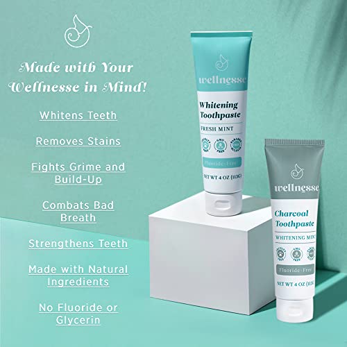 Wellnesse Whitening Toothpaste & Charcoal Toothpaste Bundle - Fresh Mint, 4Oz - Fluoride Free Toothpaste For Teeth Whitening Kit - Made With Activated Charcoal And Natural Teeth Whitening Ingredients #TOP2
