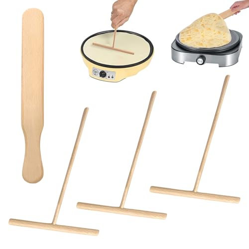 4 Stück Crepes Verteiler,Crepe Vertiler Set,T-förmig Crepes Wender,Leicht zu Reinigen Crepe Wender,Aus Buchenholz,Crepe Schieber Backwerkzeuge,Geeignet für Pfannkuchenpfannen