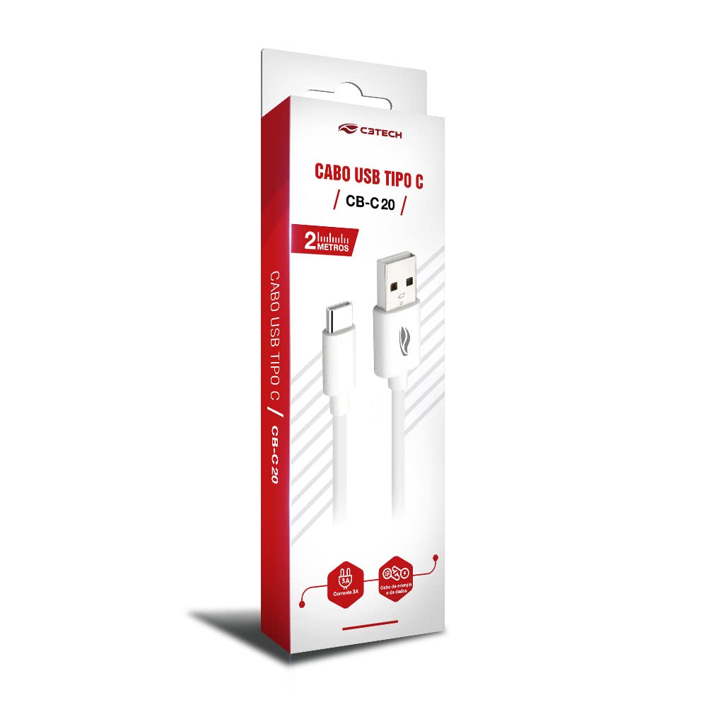 Cabo USB para USB-c C3Tech CB-C20WH Branco - 2 Metros Corrente de 3A compativel com Android e iPhone, Fast Charge, Suporte a Carregamento