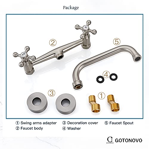 Brushed Nickel Wall Mount Faucet 8 Inch Center Kitchen Sink Taps 2 Cross Knobs Handle Victorian Commercial With 9 Inch Spout #TOP6