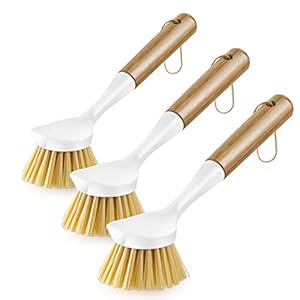 3 Pack Kitchen Dish Brush Bamboo Handle Dish Scrubber Built-in Scraper, Scrub Brush for Pans, Pots, Kitchen Sink Cleaning, Dishwashing and Cleaning Brushes are Perfect Cleaning Tools