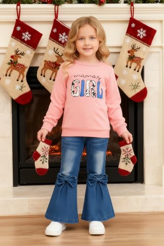 Image of Toddler Girl Clothes Long Sleeve Cartoon & Letter Graphic Top + Fruit Stationery Print Flared Leg Pants