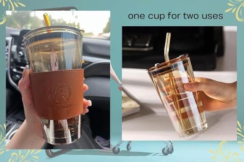 Image of Reusable Glass Coffee Sipper Mugs with Lid & Straw Pack of 1, 450ml Multipurpose Drinking Glasses Tumbler with Leather Sleeve Cup for Juice Smoothies Iced Tea Home & Travel (B Brown)