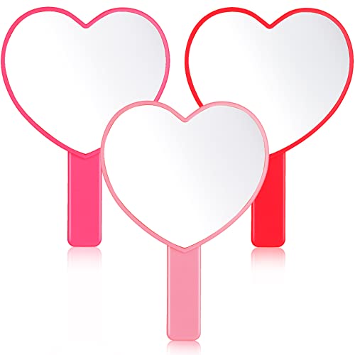 3 Pcs Heart Shaped Handheld Mirror Travel Makeup Mirrors Small Heart Mirrors Decorative Hand Held Mirror Plastic Cosmetic Mirror with Handle for Women Girls Valentine’s Day, 3 Color