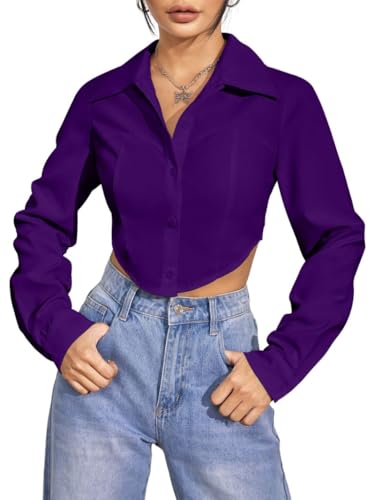Image of GRECIILOOKS Women`s Oversized Fit Crop Top Shirt | Casual Long Sleev Stylish Collared Shirts for Womens | Comfortable Rich Korean Button Down | Formal Look Stylish Trendy Shirts