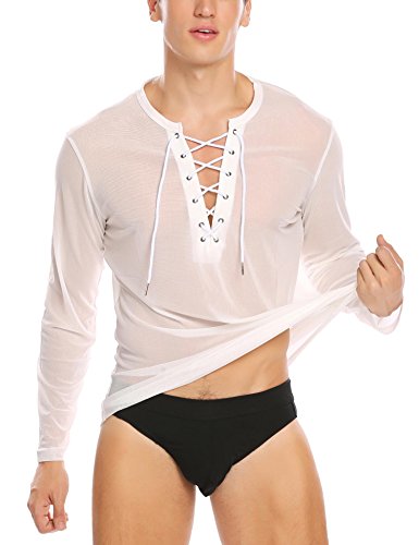 JINIDU Men's Sexy Underwear T-Shirt Long Sleeve Mesh Sheer Top Undershirt Nightwear White JINIDU Men's Sexy Underwear T-Shirt Long Sleeve Mesh Sheer Top Undershirt Nightwear White