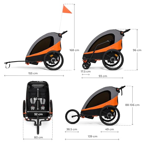 Kinderkraft NAVA 3in1, Kinderwagen, Laufwagen und Fahrradanhänger, für ein oder zwei Kinder (bis 44 kg), Sonnenschutz, zwei unabhängige Bremsen, Aluminiumrahmen, leicht zu falten,Orange