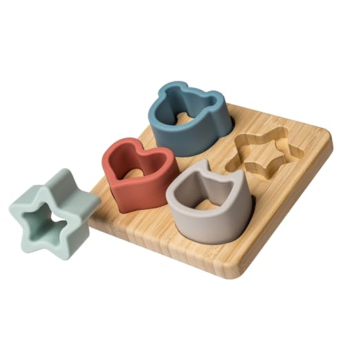 Image of Mary Meyer Baby and Toddler Toys Simply Silicone Sorting Puzzle with Bamboo Base for 12+ Months Old Preschool Gifts, 4 x 4-Inches, Animal, Star, Heart Shapes