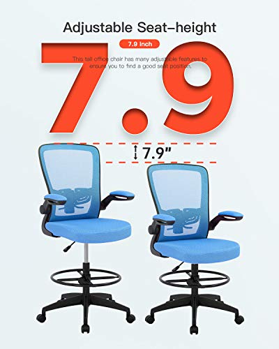 Image of BestOffice Drafting Chair Tall Office Chair Adjustable Height with Lumbar Support Arms Footrest Mid Back Standing Desk Chair Swivel Rolling Mesh Computer Chair Standing Desk Drafting Stool Blue