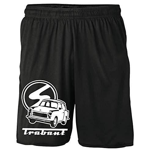 Uglyshirt89 Trabant Shorts | Kurze Hose mit Trabant 600 601 Kübel Motiv & Logo – DDR Ostkult Fanartikel für Oldtimer Liebhaber | M2 Schwarz  XL