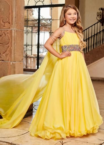Girls Off-Shoulder Pageant Dresses Chiffon Princess Birthday Formal Party Ball Gowns with Flowy Cape PY0874