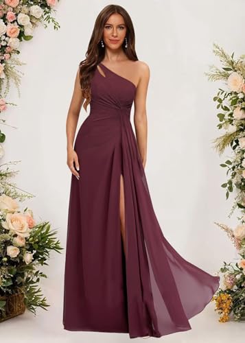 One Shoulder Pleated Bridesmaid Dresses Long with Slit Chiffon A Line Formal Evening Dress for Women4