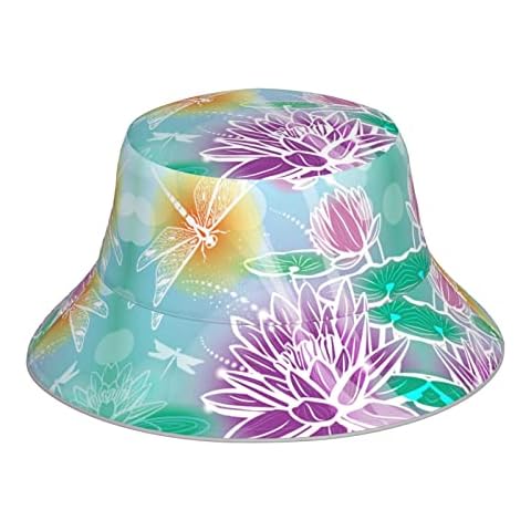 XIACHUANGSM Sun hat Lotus and Dragonfly Printing Reflective Bucket Hat Women's Men's Sunhat Black Cover
