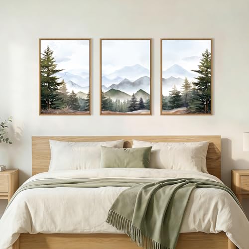 Image of KAIRNE Misty Mountain Landscape Framed Canvas Wall Art Set, Nature Forest Wall Decor, Green Pine Tree Art Prints, Modern Foggy Woodland Artwork for Living Room,Bedroom,Farmhouse,Office-16 x24 x3