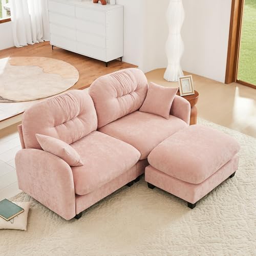 Image of KEIKI 74 inch L-Shaped Oversized Chenille Modular Sectional Loveseat Sofa with 1 Ottoman, High-Density Foam Cushions, Tufted Pleated Cushion Backrest, 2-Seater Couch with 2 Pillow, for Living Room, Pink
