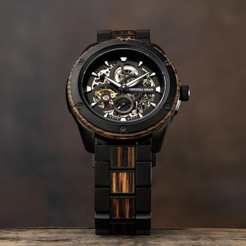 Original Grain Whiskey Black Rugged Automatic 44mm | Automatic Movement, 316L Stainless Steel, Adjustable Watch Band | 10ATM Water-Resistant & Scratch-Resistant | Whiskey Barrel Wood - Image 4