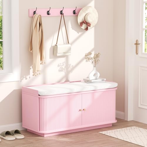 AIUUCS Hall Tree with Bench and Shoe Storage Entryway Bench with Sliding Door Cabinet Removable Padded Metal Wall Hooks and Adjustable Storage Compartments for Entry Hallway Living Room Pink