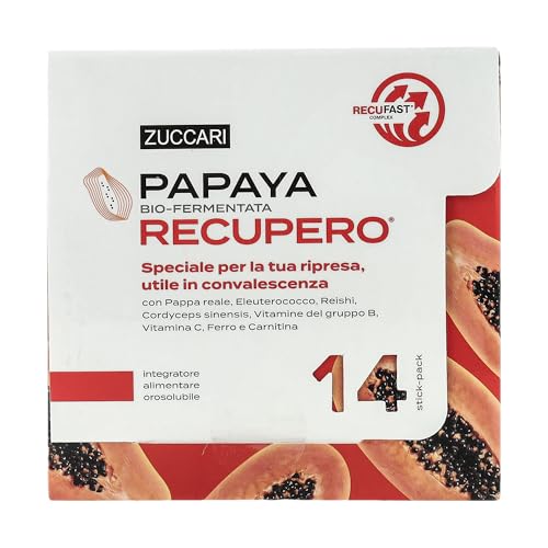 Papaya (Carica papaya L.) polpa del frutto bio-fermentata, atomizzata e granualata (100%) 6g , Grano saraceno (Fagopyrum esculetum Moench.) frutto polvere tit. in Complesso di Vitamine B 300mg [Tiamina 0,33mg/30%, Riboflavina 0,42mg/30%, Niacina 4,8mg/30%, Acido pantotenico 1,80mg/30%, Vitamina B6 0,42mg/30%, Acido folico 60mcg/30%, Vitamina B12 0,750mcg/30%], Reishi (Ganoderma lucidum (Curtis) P. Karst)) sporoforo e.s. 162mg, Cordyceps (Cordyceps sinensis (Berk.) Sacc.) sporoforo e.s. tit. 7% Acido cordiceptico 162mg, di cui Acido