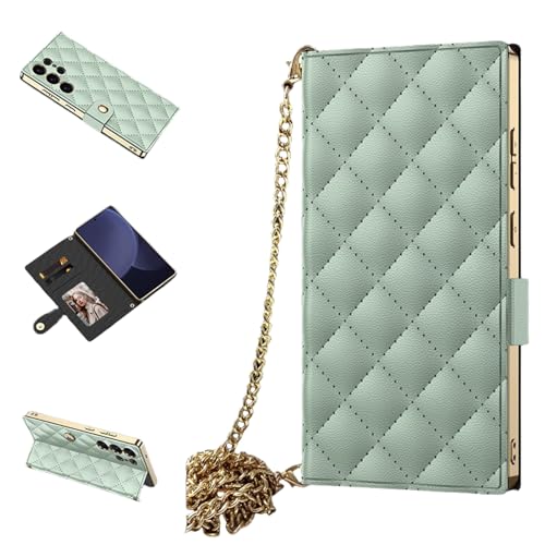 Étui portefeuille Samsung S25 Ultra en cuir matcha et chaîne dorée luxe