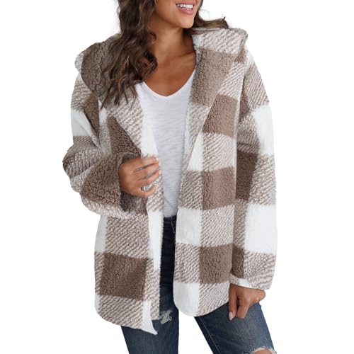 Women Fleece Jacket Plaid Sherpa Jacket Open Front Flannel Hooded Cardigan Long Sleeve Winter Coats with Pockets2