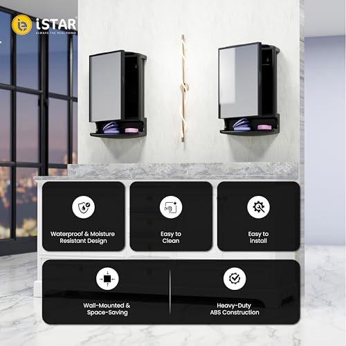 Image of iSTAR Bathroom Cabinet with Mirror | Multipurpose Storage Cabinet with Mirror | Modern Wall Mounted Accessories Organizer for Bathroom, Kitchen and Home (Black)