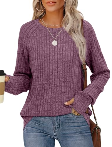 Image of Saloogoe Women's Long Sleeve Top Crewneck Basic Lightweight Fall Shirt with Thumb Hole