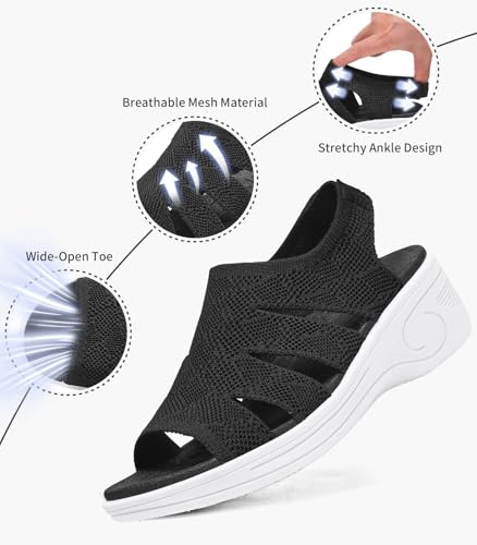 Image of Womens Wedge Sandals Platform Walking Sandals Open Toe Ankle Elastic Strap Casual Comfortable Summer Dressy