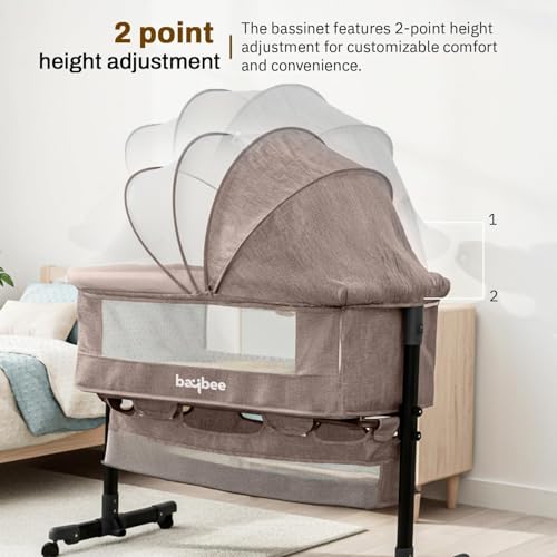 Image of BAYBEE Bedside Crib Cradle for Baby | Bassinet for New Born with 2 Height Adjustable & 360 Wheels | Babies Cot with Mosquito Net & Storage Box | Baby Cribs & Cots for 0 to 2 Years Boys Girls (Beige)