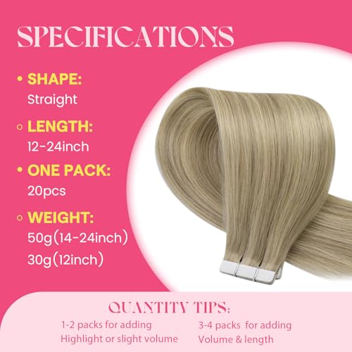 Image of Ve Sunny Hair Tape in Extensions 24Inch Long | Golden Blonde Highlights Light Blonde,50g 20Pcs,Easy to Maintain,for Wedding