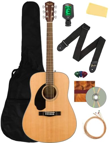 Fender CD-60S Solid Top Dreadnought Acoustic Guitar, Left Handed - Natural Bundle with Gig Bag, Tuner, Strap, Strings, Picks, and Austin Bazaar Instructional DVD