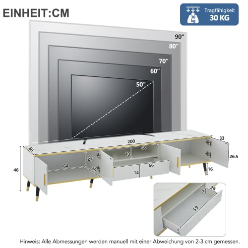 Merax Mueble de TV de 200 cm – Mueble bajo blanco con aspecto de mármol con detalles dorados, 1 cajón, 2 puertas, organizador de cables, para televisores de hasta 90 pulgadas – Mueble moderno para