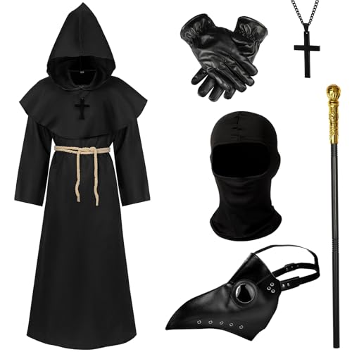 Toulite 7 Pcs Halloween Plague Doctor Costume Set Plague Doctor Mask Costume for Men Cosplay (L)