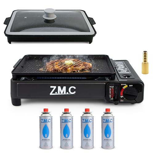 ZMC 2-in-1 Gasgrill & Campingkocher 2,2 kW mit Piezo-Zündung inkl. 4x 227g Gaskartuschen & LPG Adapter – tragbarer Tischgrill mit Grillplatte & Pfanne mit Glasdeckel für Camping, Balkon & Outdoor BBQ